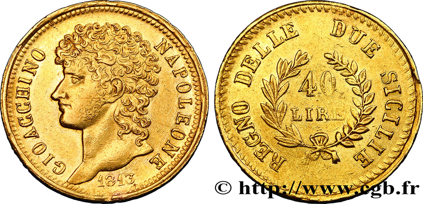 ITALY - KINGDOM OF NAPLES - JOACHIM MURAT 40 Lire or, rameaux longs 1813 Naples XF 