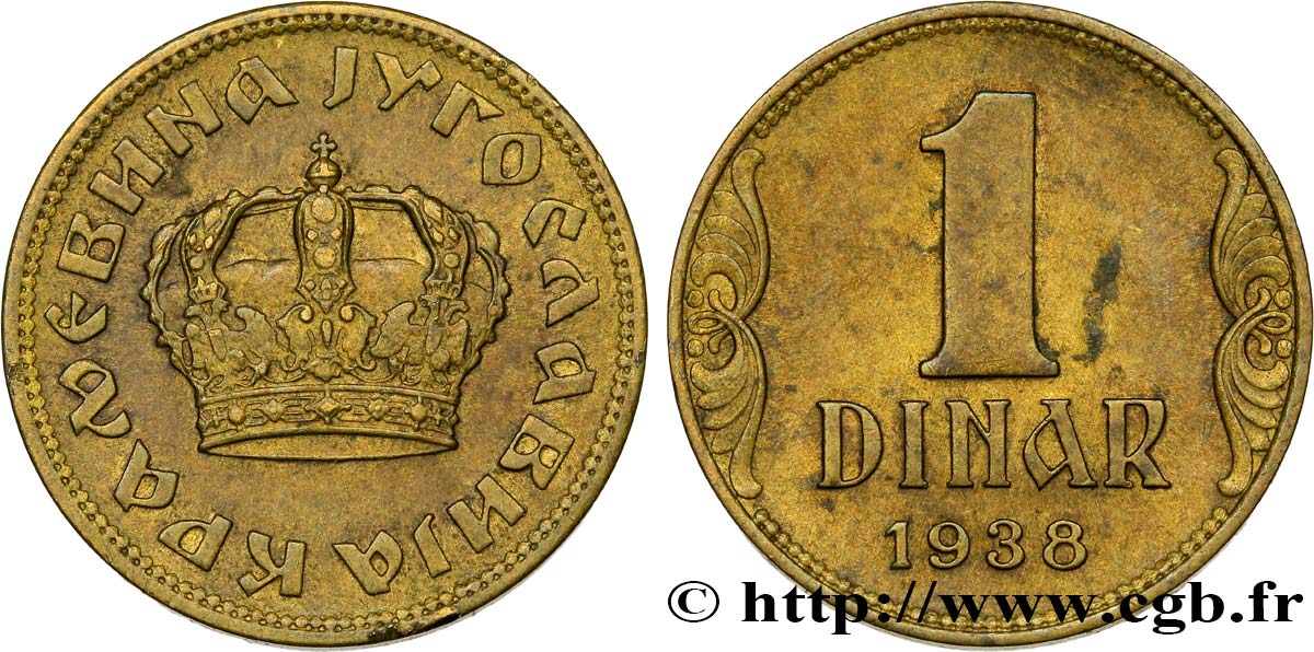 YOUGOSLAVIE 1 Dinar couronne 1938  SUP 