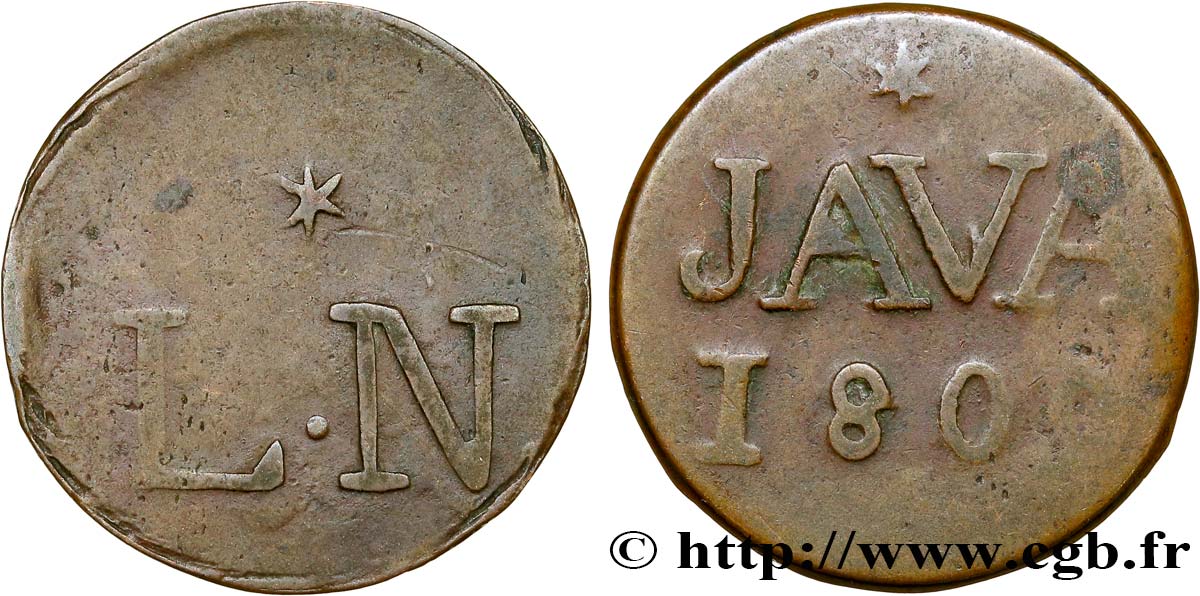 INDIE OLANDESI 1 Duit “LN” initiales de Louis Napoléon roi de Hollande et au revers “JAVA” 1809 Harderwijk MB 