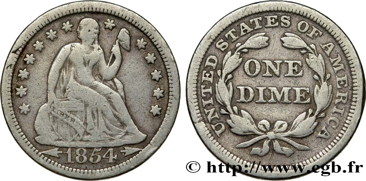 ÉTATS-UNIS D AMÉRIQUE 1 Dime (10 Cents) Liberté assise variété avec date encadrée par des flèches 1854 Philadelphie TB 