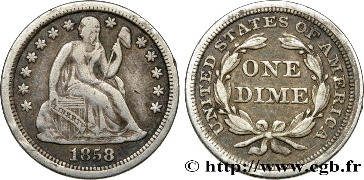 UNITED STATES OF AMERICA 1 Dime (10 Cents) Liberté assise 1858 Philadelphie VF 