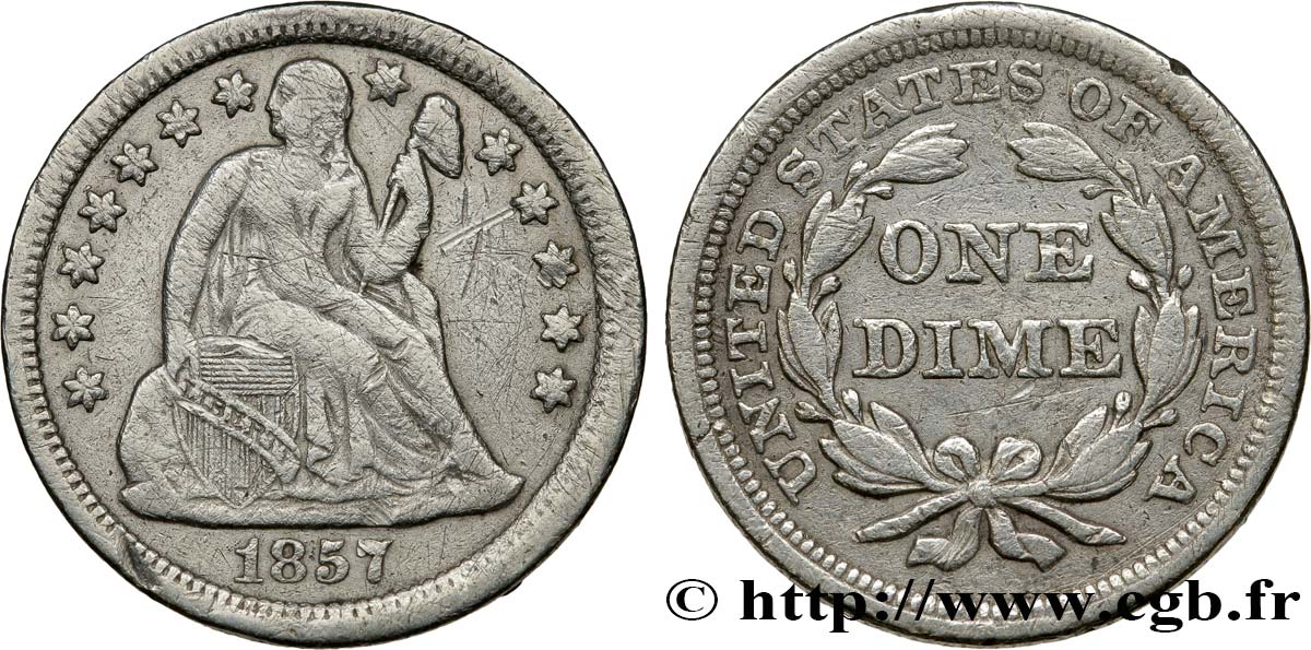 ÉTATS-UNIS D AMÉRIQUE 1 Dime (10 Cents) Liberté assise 1857 Philadelphie TB 