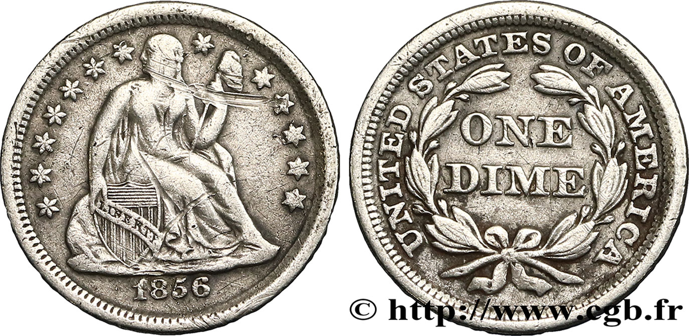 ÉTATS-UNIS D AMÉRIQUE 1 Dime (10 Cents) Liberté assise 1856 Philadelphie TB+ 