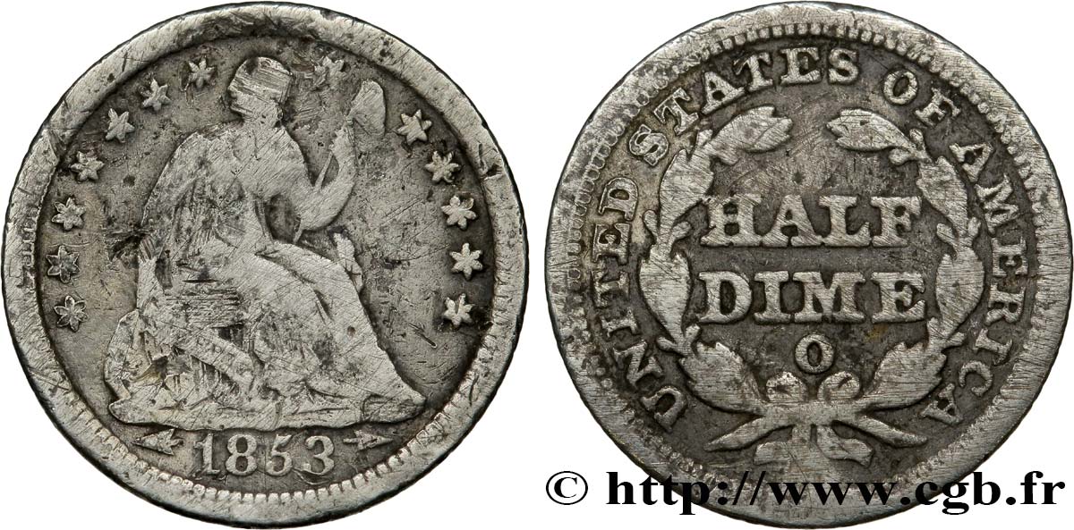 ÉTATS-UNIS D AMÉRIQUE 1/2 Dime (5 Cents) Liberté assise variété avec draperie 1853 Nouvelle-Orléans - O B+ 