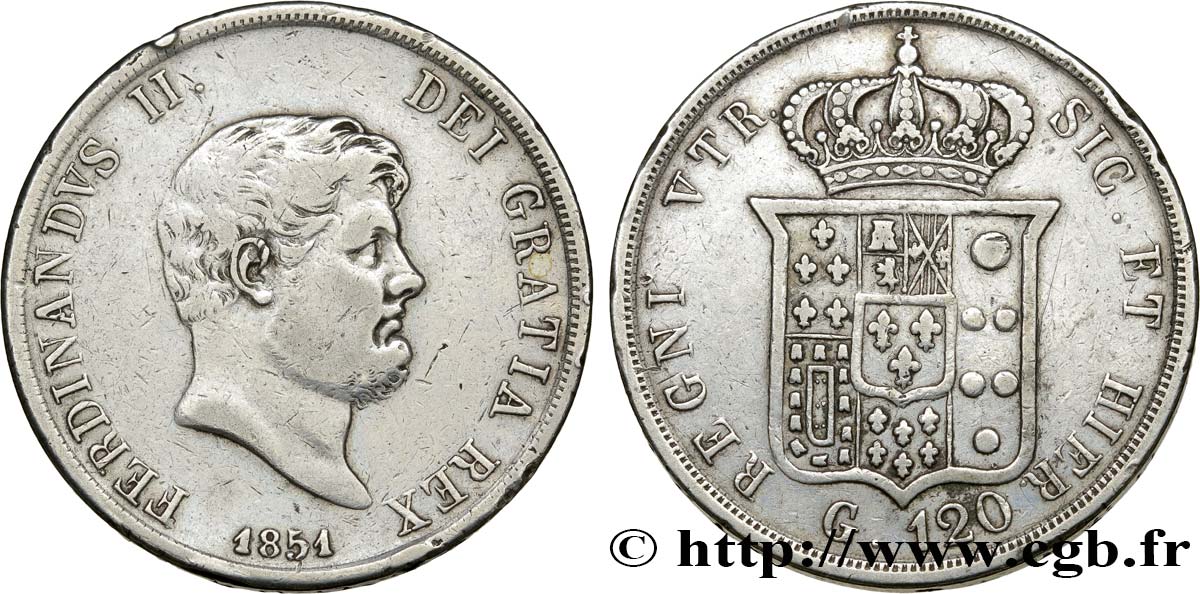 ITALIE - ROYAUME DES DEUX-SICILES 120 Grana Ferdinand II 1851 Naples TB+ 