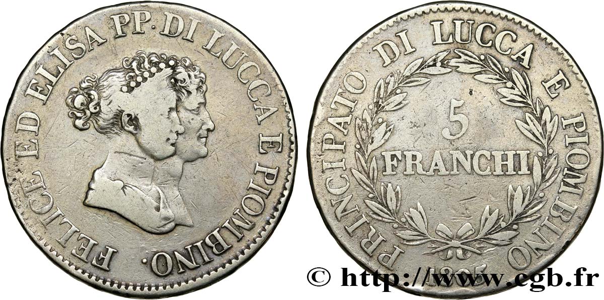 ITALIE - LUCQUES ET PIOMBINO 5 Franchi - Moyens bustes 1805 Florence TB 