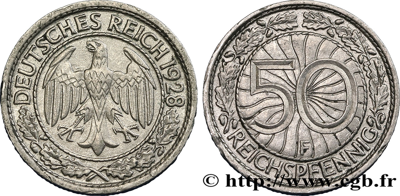 ALLEMAGNE 50 Reichspfennig aigle 1928 Stuttgart TTB+ 