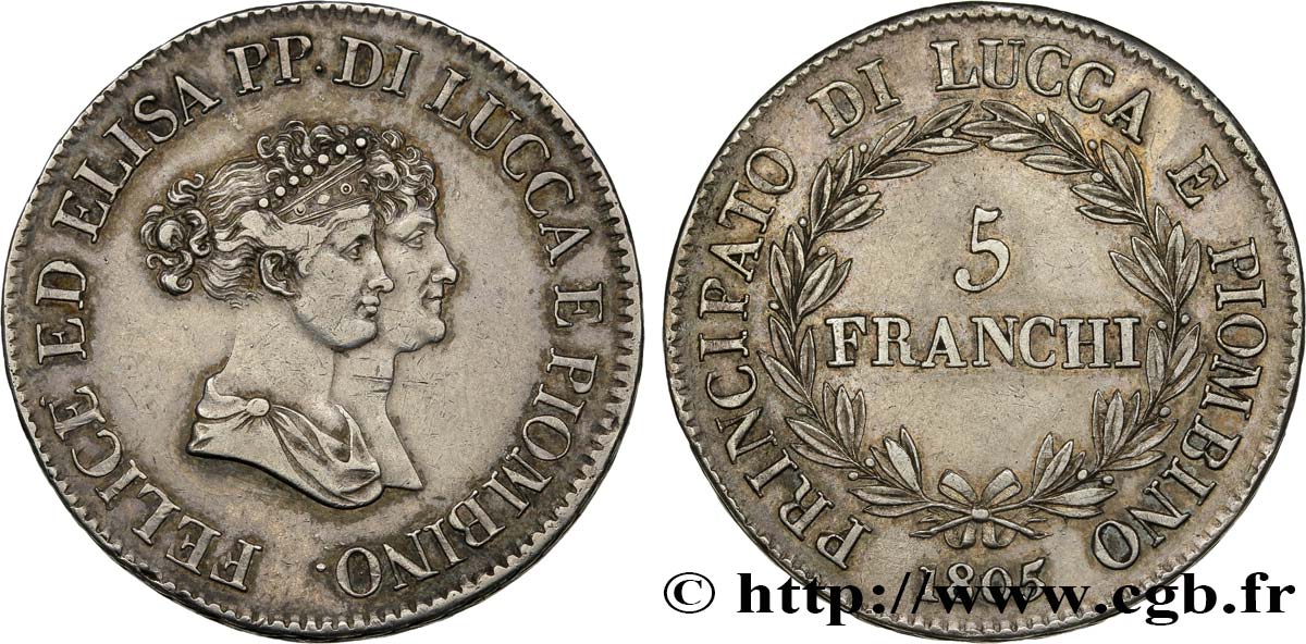 ITALIA - LUCCA E PIOMBINO 5 Franchi Elise et Félix Baciocchi 1805 Florence q.SPL 