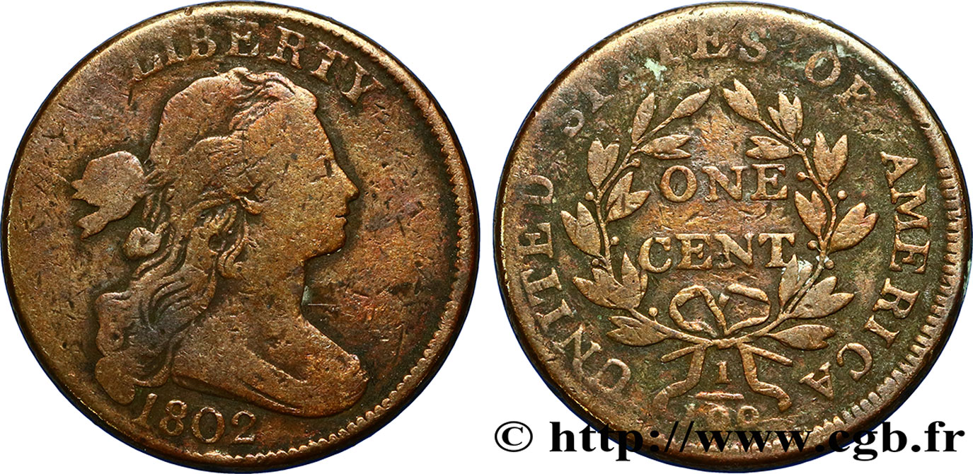 ÉTATS-UNIS D AMÉRIQUE 1 Cent type au buste drapé 1796-1807 1802 Philadelphie B+ 