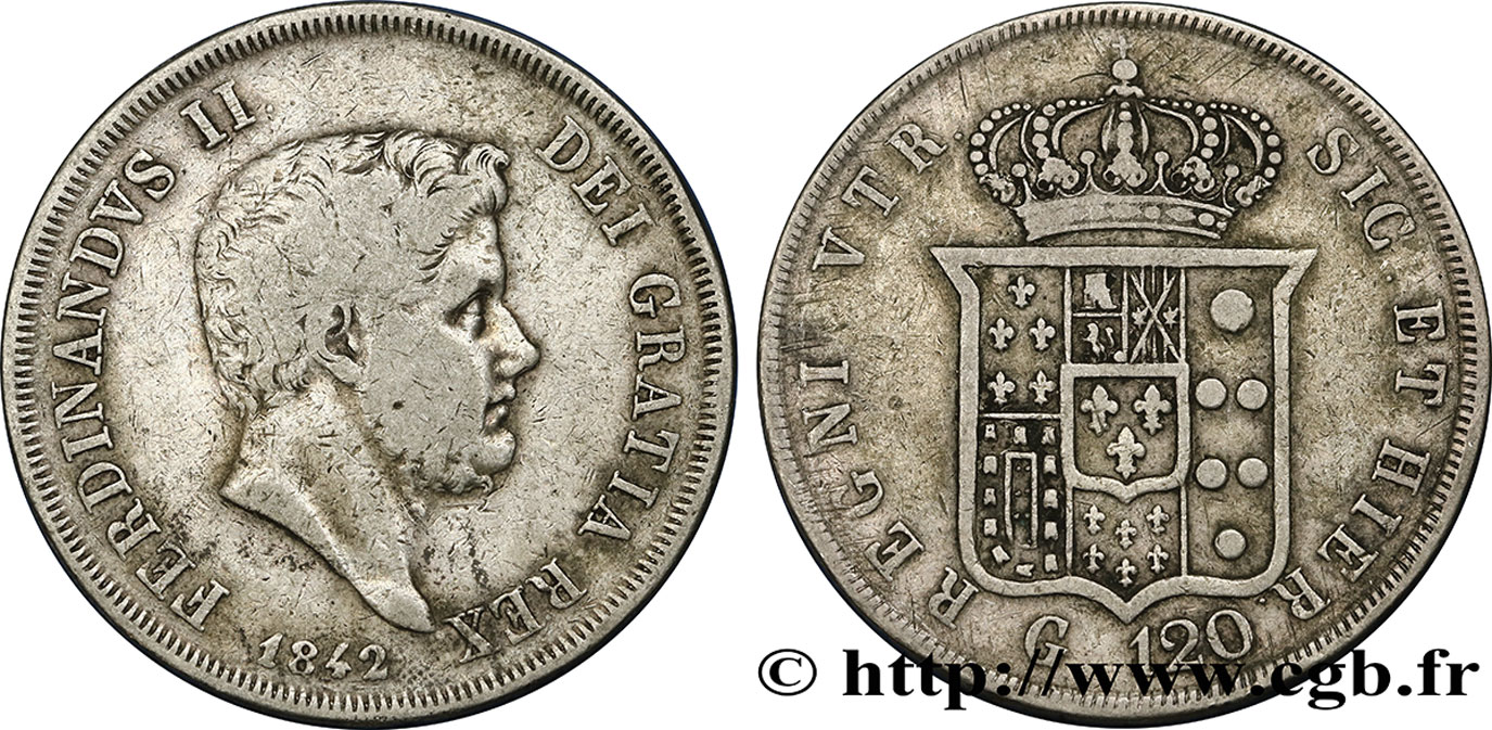 ITALIE - ROYAUME DES DEUX-SICILES 120 Grana Ferdinand II 1842 Naples TB+ 
