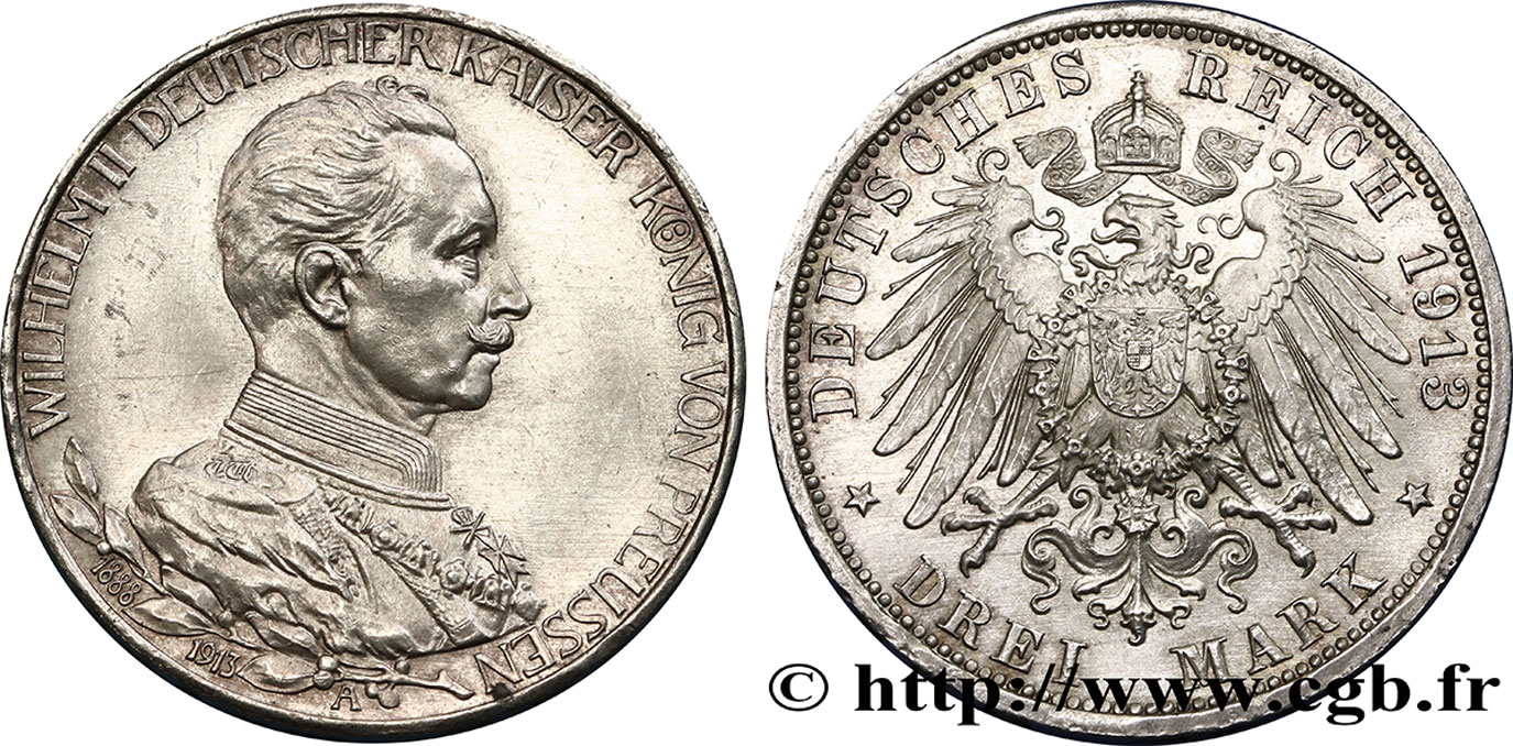 ALLEMAGNE - PRUSSE 3 Mark 25e anniversaire de règne de Guillaume II 1913 Berlin SPL 