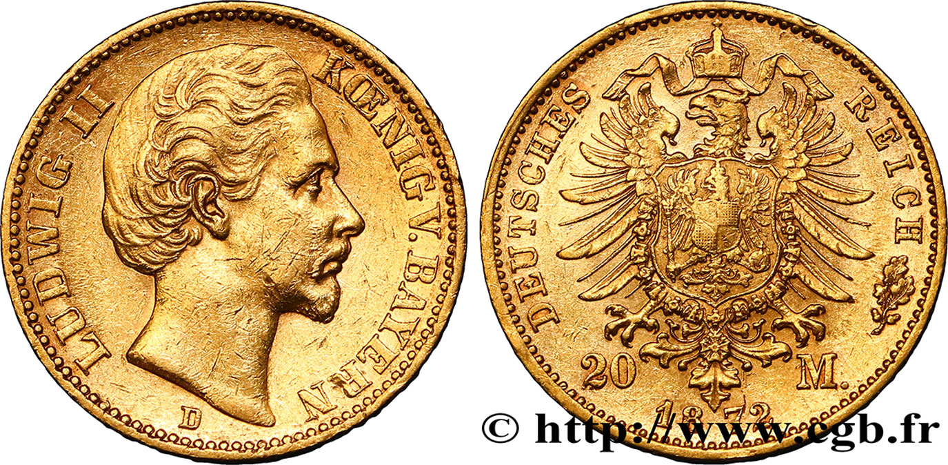ALLEMAGNE - BAVIÈRE 20 Mark Louis II 1872 Munich TTB 