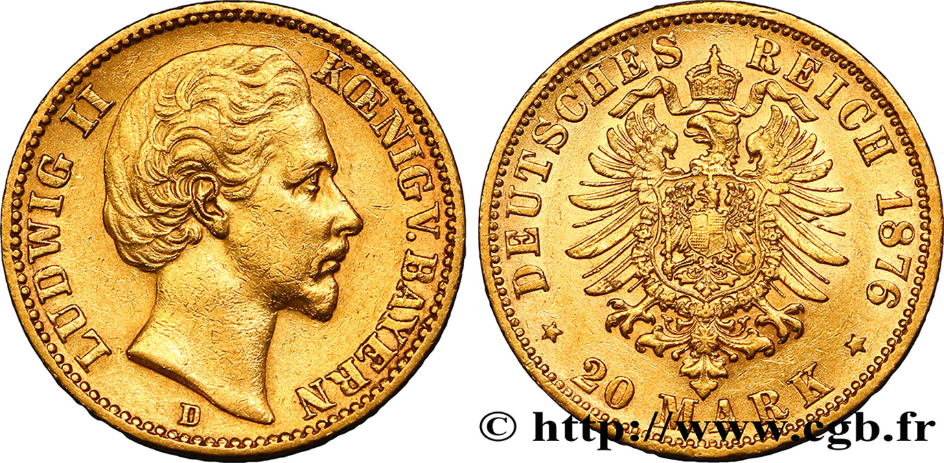 ALLEMAGNE - BAVIÈRE 20 Mark Louis II 1876 Munich TTB 