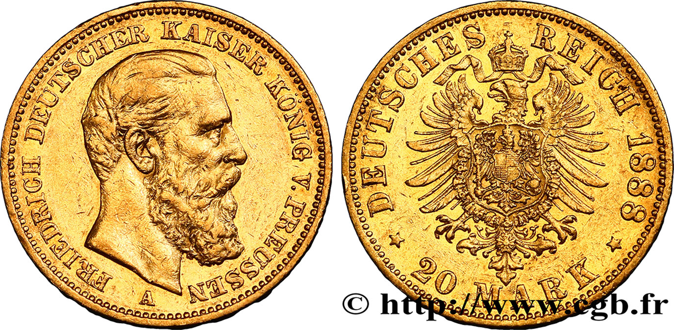 ALLEMAGNE - PRUSSE 20 Mark Frédéric III 1888 Berlin TTB 
