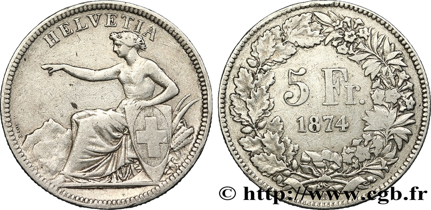 SUISSE 5 Francs Helvetia assise 1874 Bruxelles TB+ 