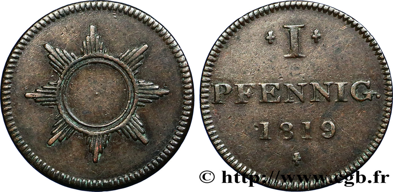 ALLEMAGNE - VILLE LIBRE DE FRANCFORT 1 Pfennig Francfort monnaie de nécessité 1819  TTB 