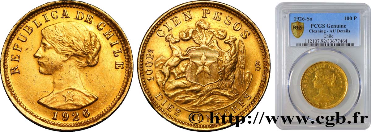 CHILE - REPUBLIC 100 Pesos or ou 10 Condores en or, 1er type 1926 Santiago AU PCGS