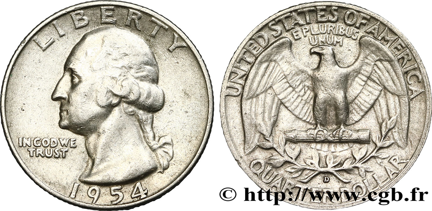 ÉTATS-UNIS D AMÉRIQUE 1/4 Dollar Georges Washington 1954 Denver - D TTB 
