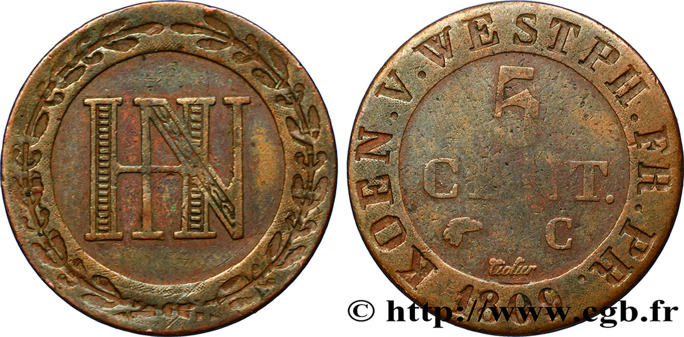 GERMANY - KINGDOM OF WESTPHALIA 5 Centimes monogramme de Jérôme Napoléon 1809  F 