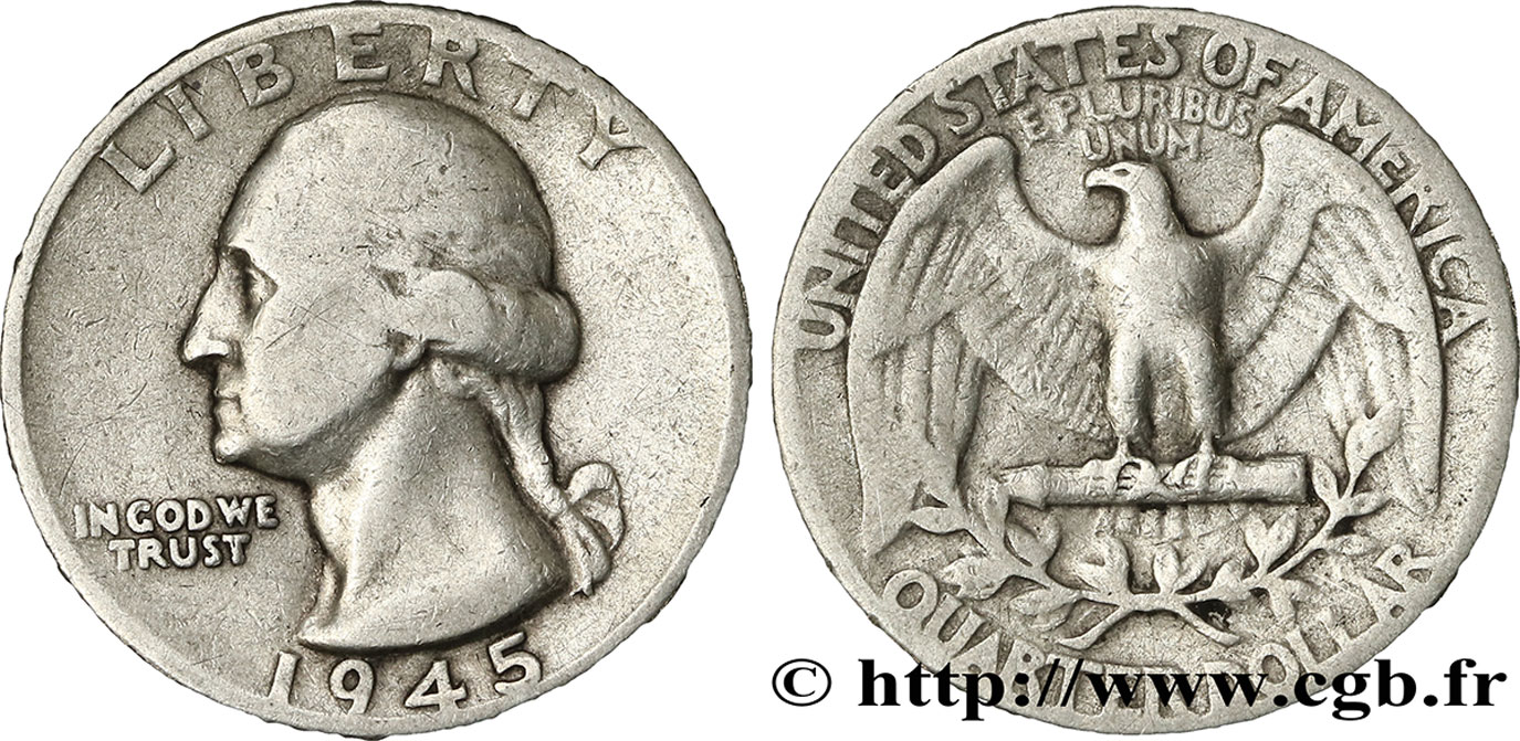 ÉTATS-UNIS D AMÉRIQUE 1/4 Dollar Georges Washington 1945 Philadelphie TB 