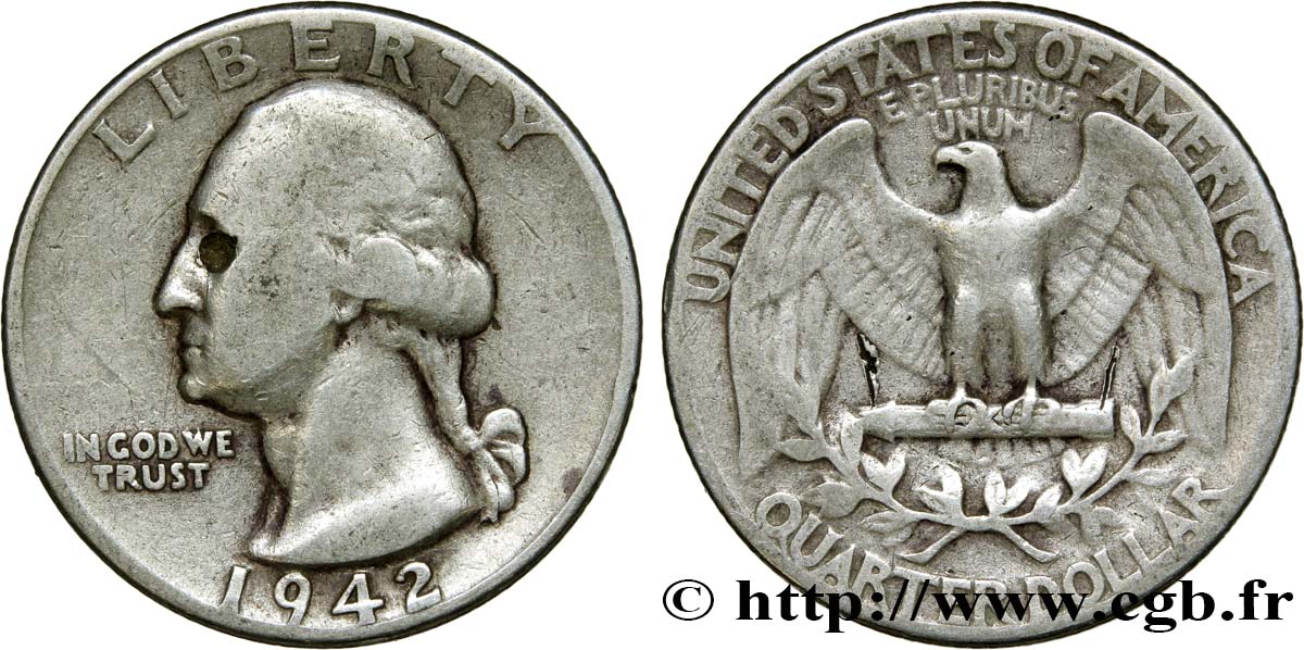 ÉTATS-UNIS D AMÉRIQUE 1/4 Dollar Georges Washington 1942 Philadelphie TB 