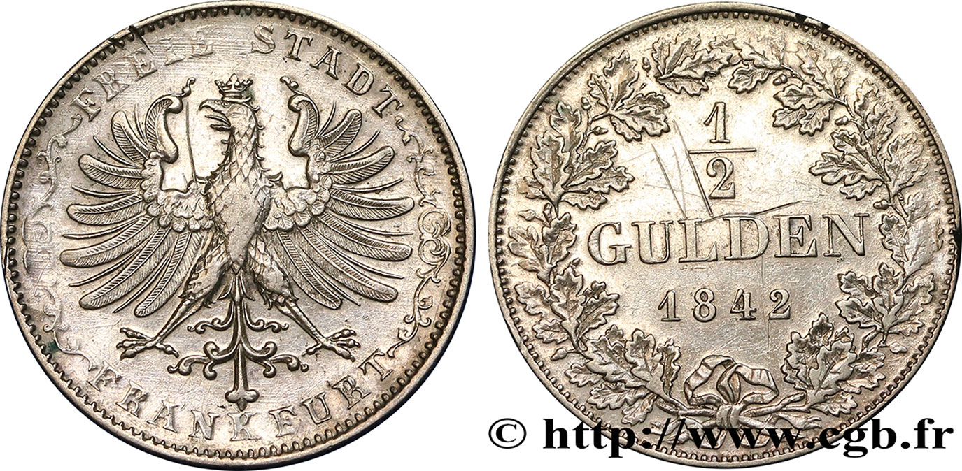 ALLEMAGNE - VILLE LIBRE DE FRANCFORT 1/2 Gulden 1842 Francfort TTB 