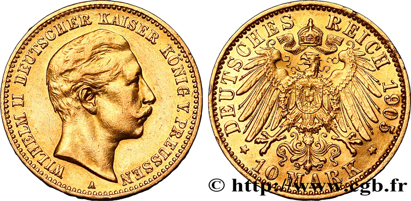 ALLEMAGNE - PRUSSE 10 Mark or empereur Guillaume II  1905 Berlin TTB+ 