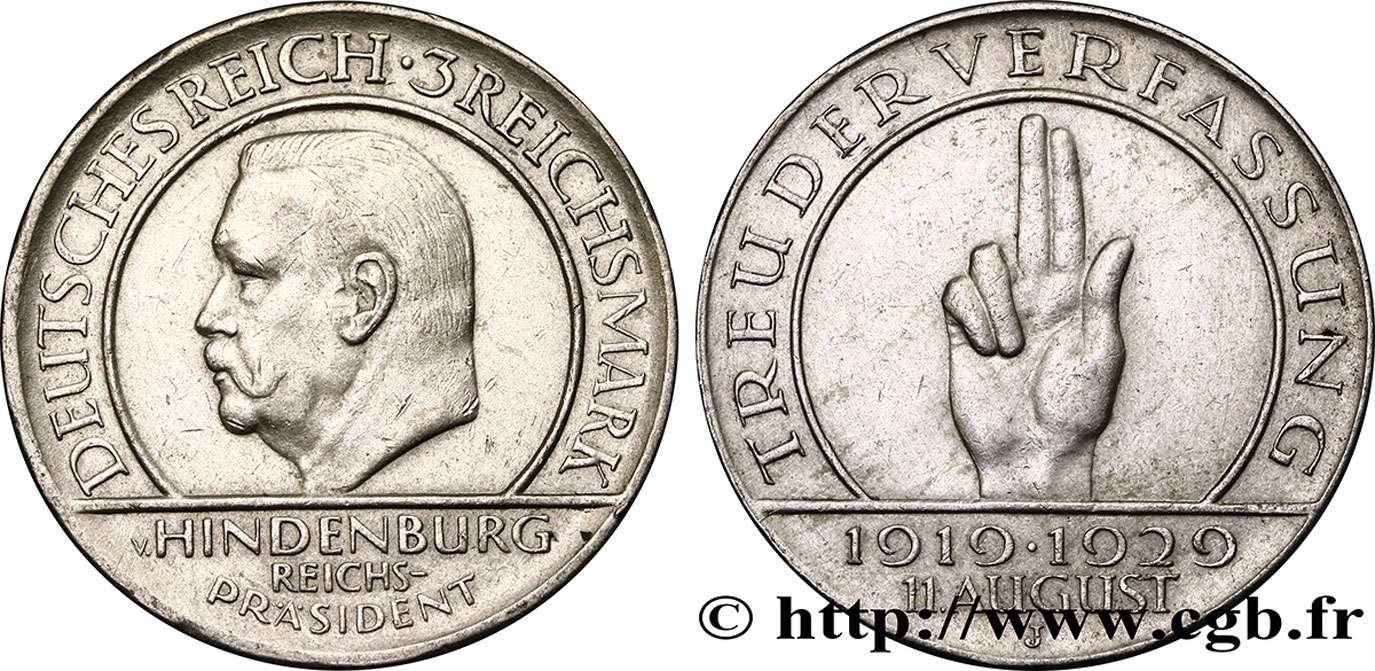 ALLEMAGNE 3 Reichsmark 10e anniversaire de la République  1929 Hambourg - J SUP 
