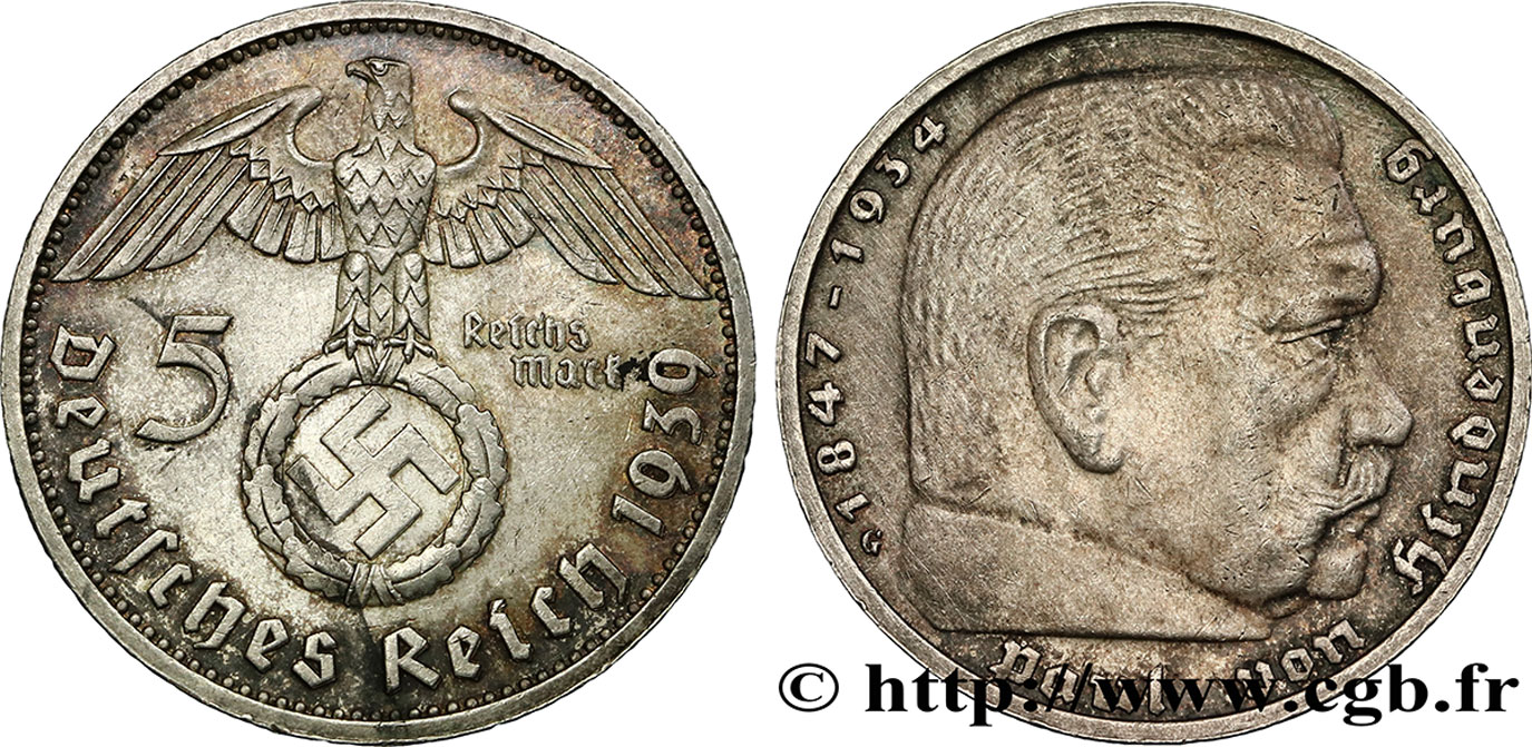 ALLEMAGNE 5 Reichsmark aigle / Maréchal Paul von Hindenburg 1939 Karlsruhe - G SUP 