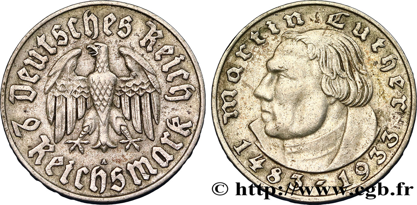 ALLEMAGNE 2 Reichsmark Martin Luther / aigle 1933 Berlin TTB+ 