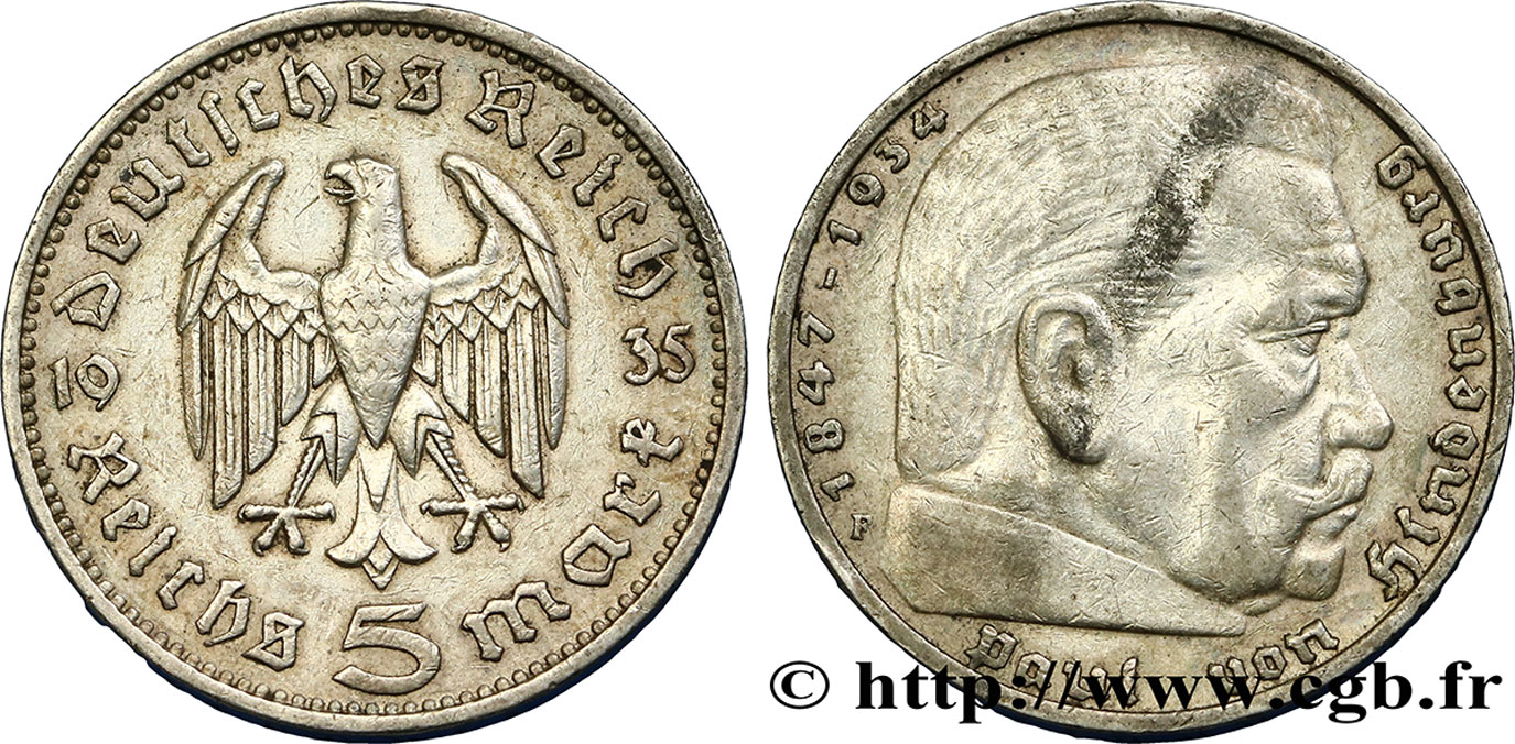 ALLEMAGNE 5 Reichsmark Aigle / Maréchal Paul von Hindenburg 1935 Stuttgart  TTB 