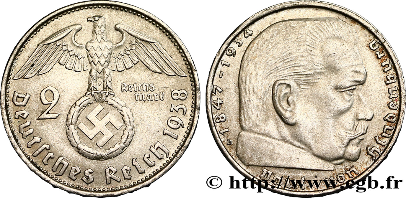 ALLEMAGNE 2 Reichsmark Maréchal Paul von Hindenburg 1938 Vienne - B TTB+ 