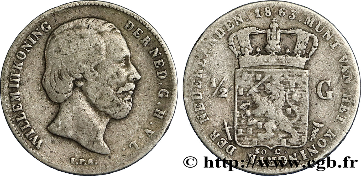 PAYS-BAS 1/2 Gulden Guillaume III 1863 Utrecht TB 