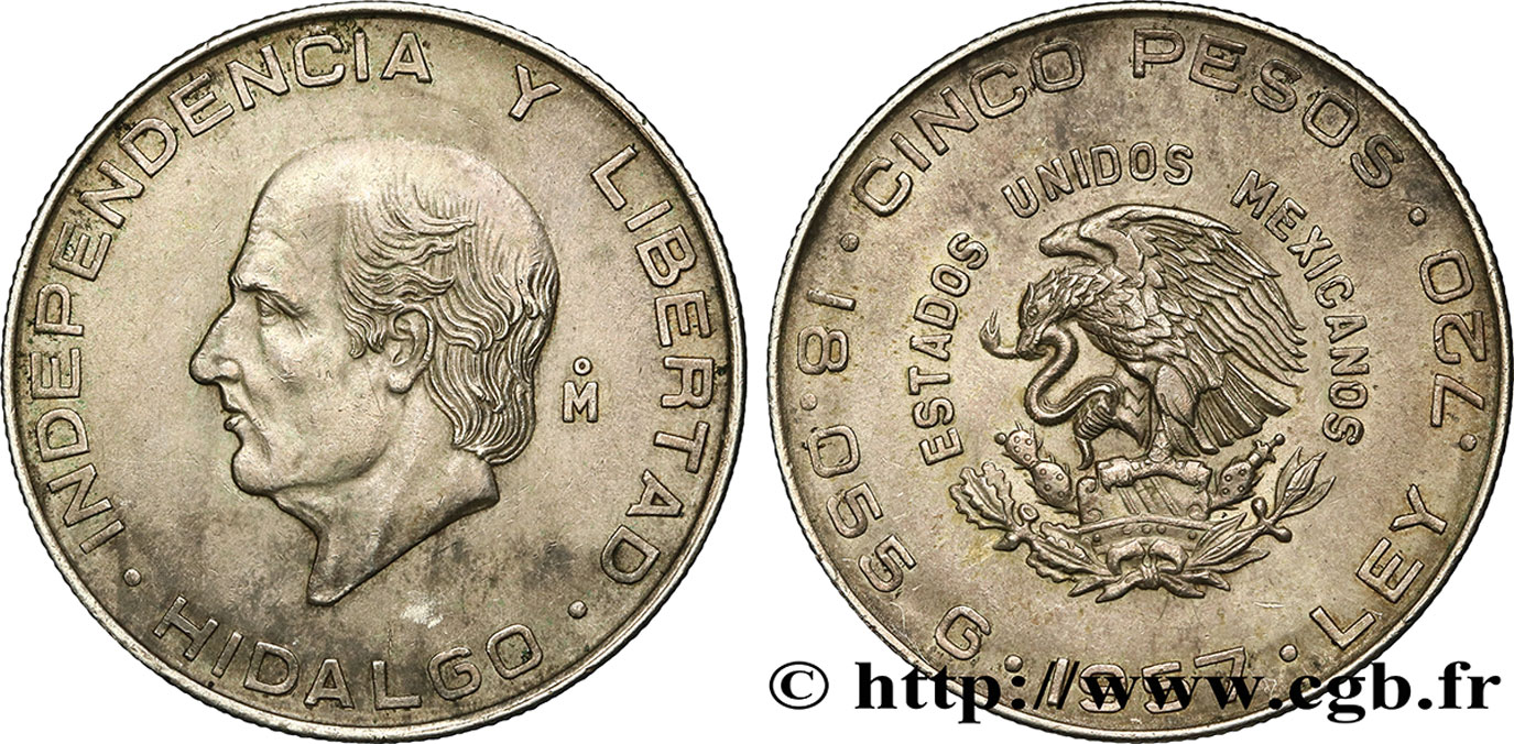 MEXICO 5 Pesos Miguel Hidalgo y Costilla 1957 Mexico AU 