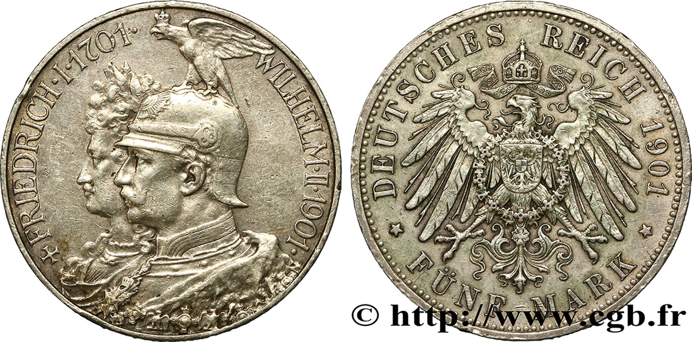ALLEMAGNE - PRUSSE 5 Mark Guillaume II 200e anniversaire de la Prusse 1901 Berlin TTB+ 