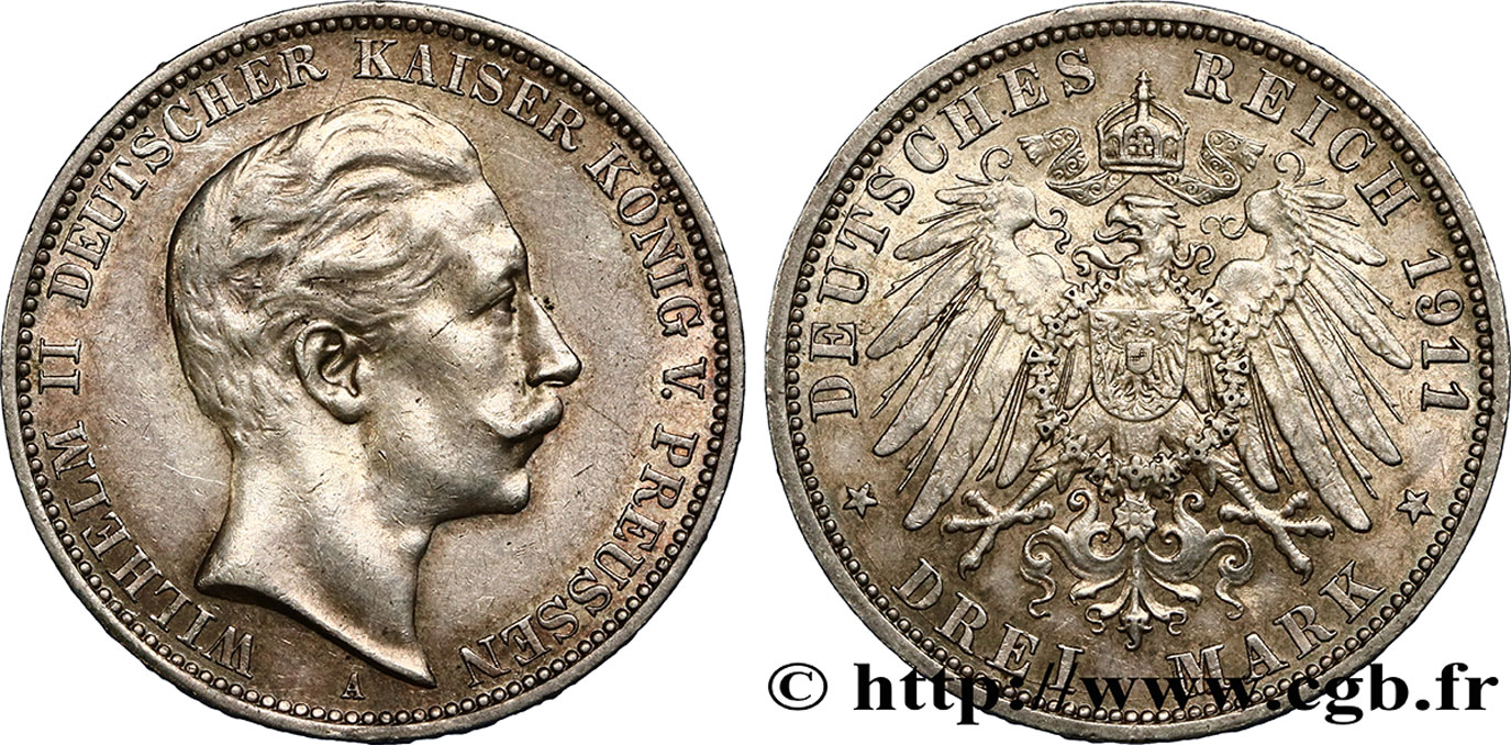 DEUTSCHLAND - PREUßEN 3 Mark Guillaume II  1911 Berlin VZ 