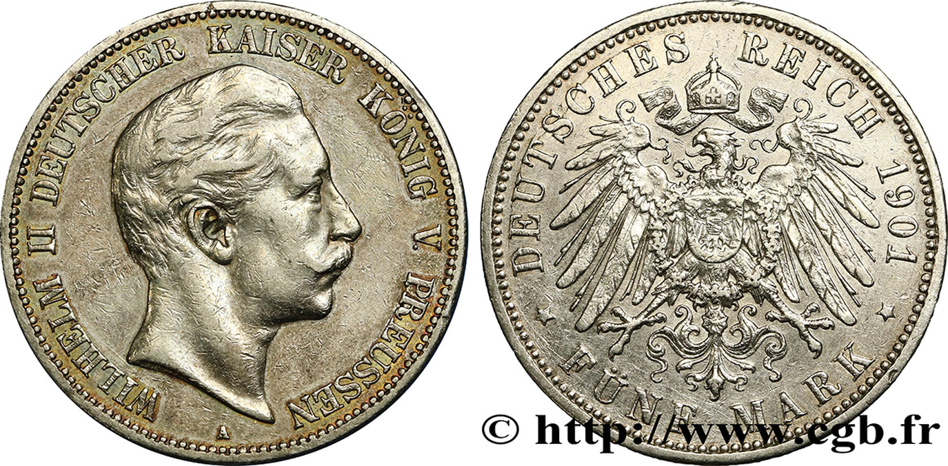 ALLEMAGNE - PRUSSE 5 Mark Guillaume II 1901 Berlin TTB 