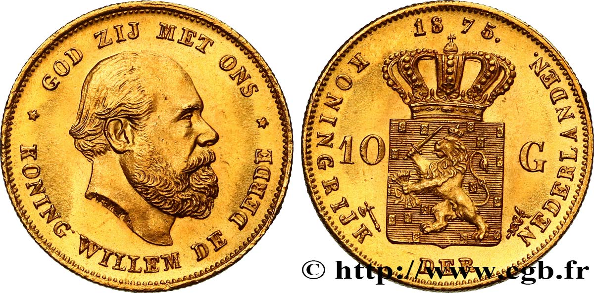 PAYS-BAS 10 Gulden Guillaume III, 1e type 1875 Utrecht SUP