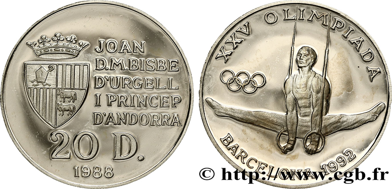 ANDORRA (PRINCIPALITY) 20 Diners Proof Jeux Olympiques de Barcelone 1992 / anneaux 1988  MS 