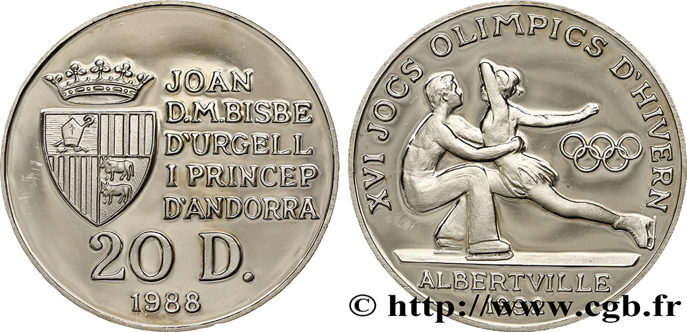 ANDORRA (PRINCIPALITY) 20 Diners Proof  Jeux Olympiques d’hiver d’Alberville 1992 / patinage artistique 1988  MS 