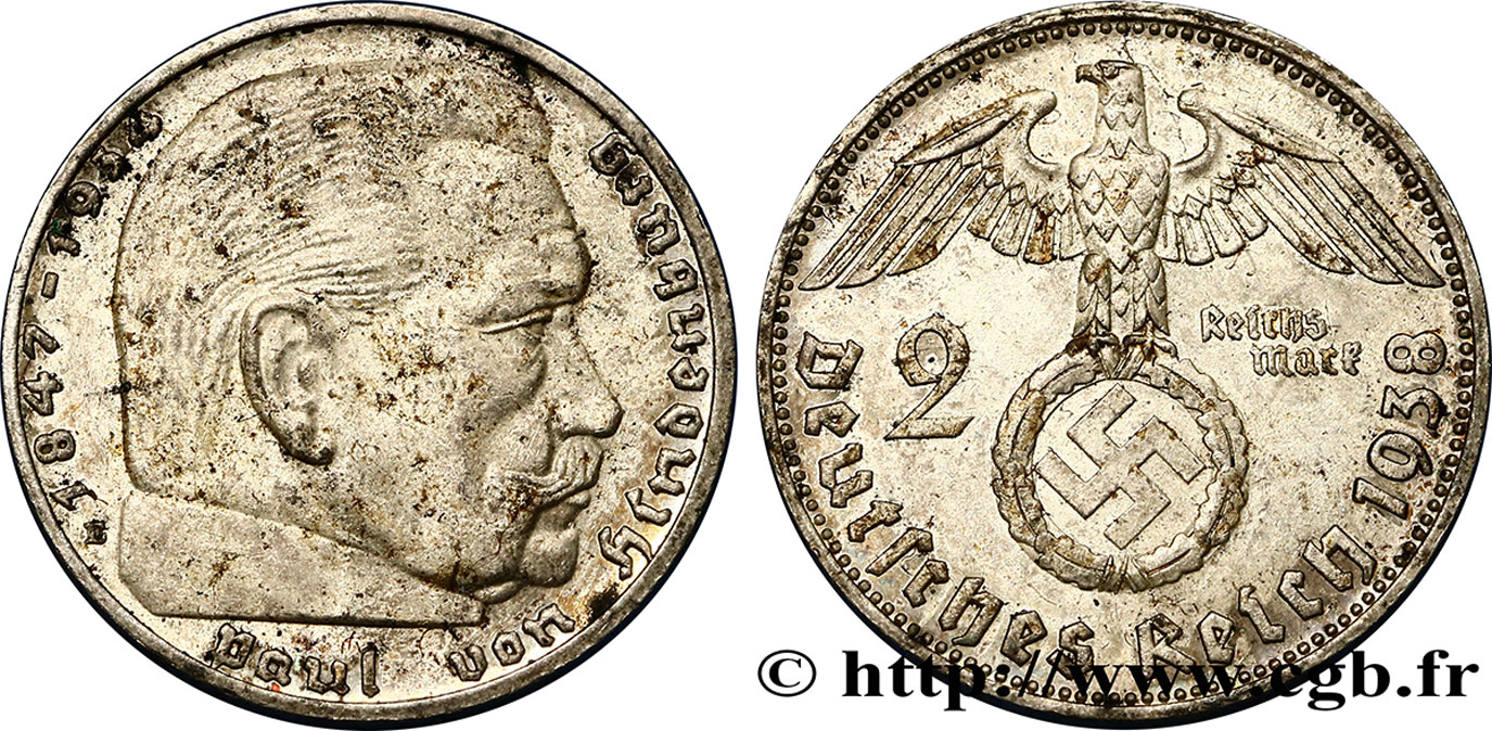 ALEMANIA 2 Reichsmark aigle surmontant une swastika / Maréchal Paul von Hindenburg 1938 Muldenhütten EBC 