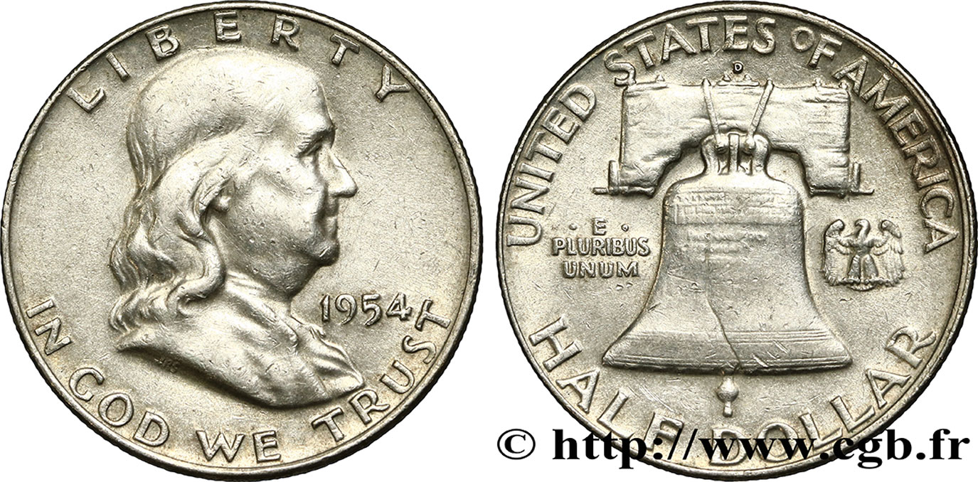 ÉTATS-UNIS D AMÉRIQUE 1/2 Dollar Benjamin Franklin 1954 Denver TTB+ 