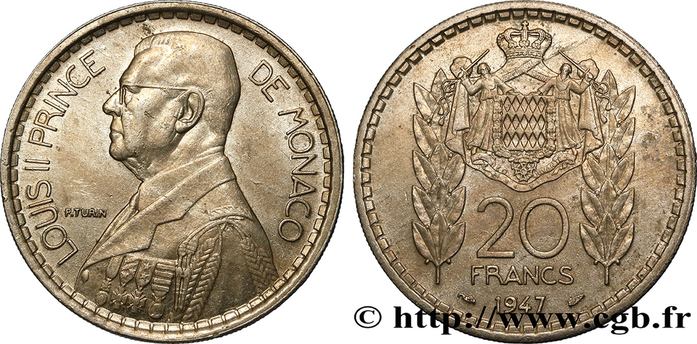 MONACO 20 Francs prince Louis II / armes 1947 Paris SUP 