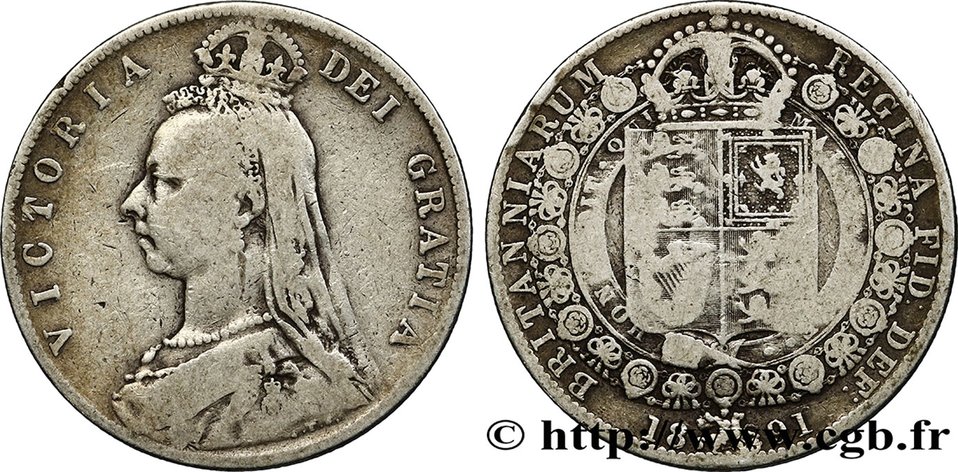 ROYAUME-UNI 1/2 Crown Victoria buste du jubilé 1891  TB+ 