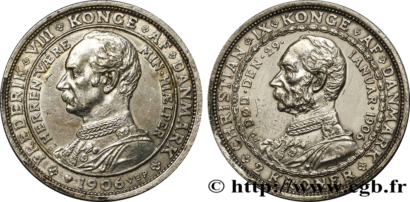 DANEMARK 2 Kroner mort de Christian IX et accession de Frédéric VIII 1906 Copenhague TTB+ 