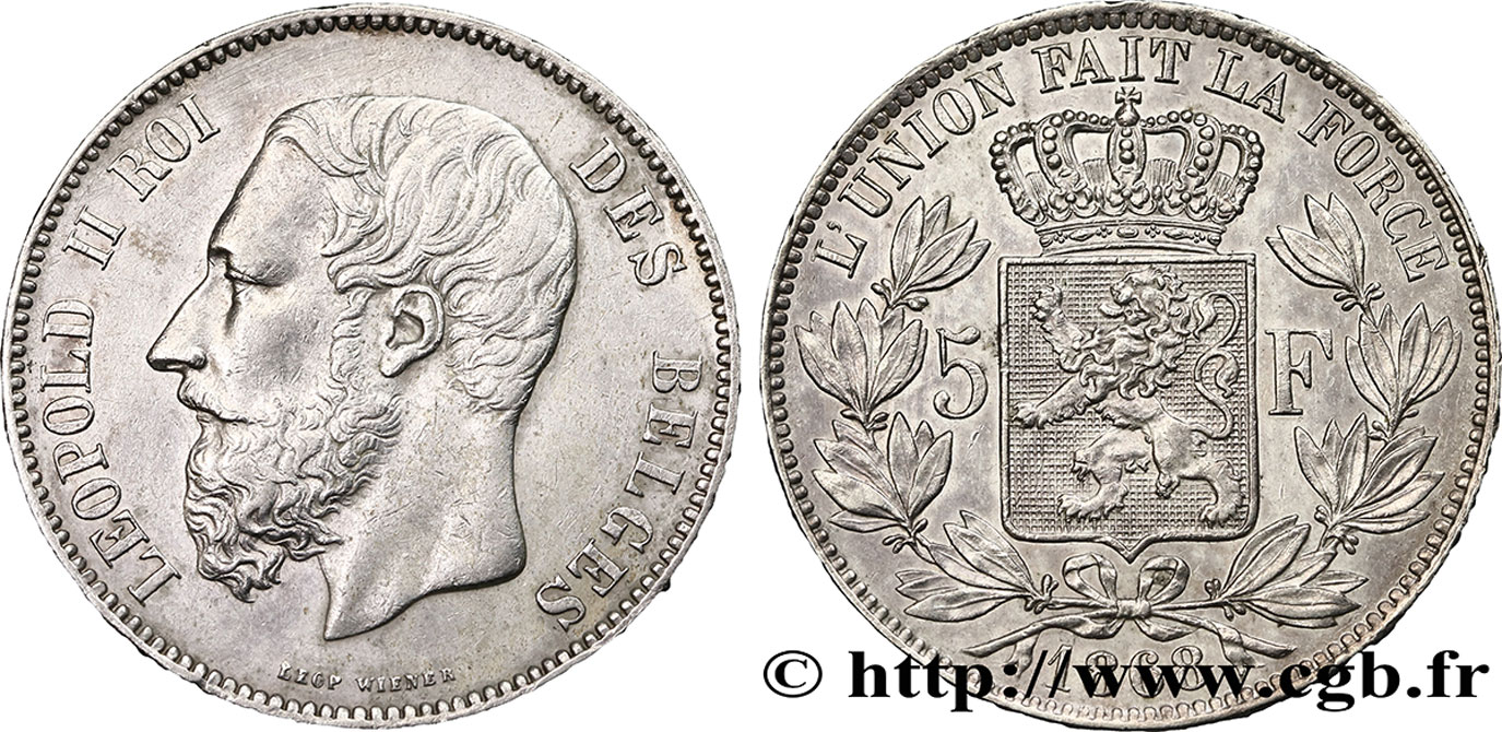 BELGIUM 5 Francs Léopold II  1868  AU/AU 