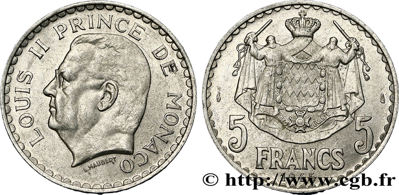 MONACO 5 Francs Louis II / armoiries 1945 Paris AU 