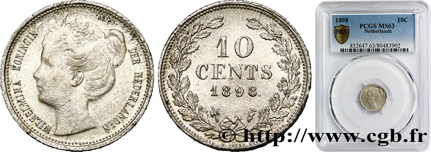 PAYS-BAS 10 Cents Wilhelmina 1898 Utrecht SPL63 PCGS