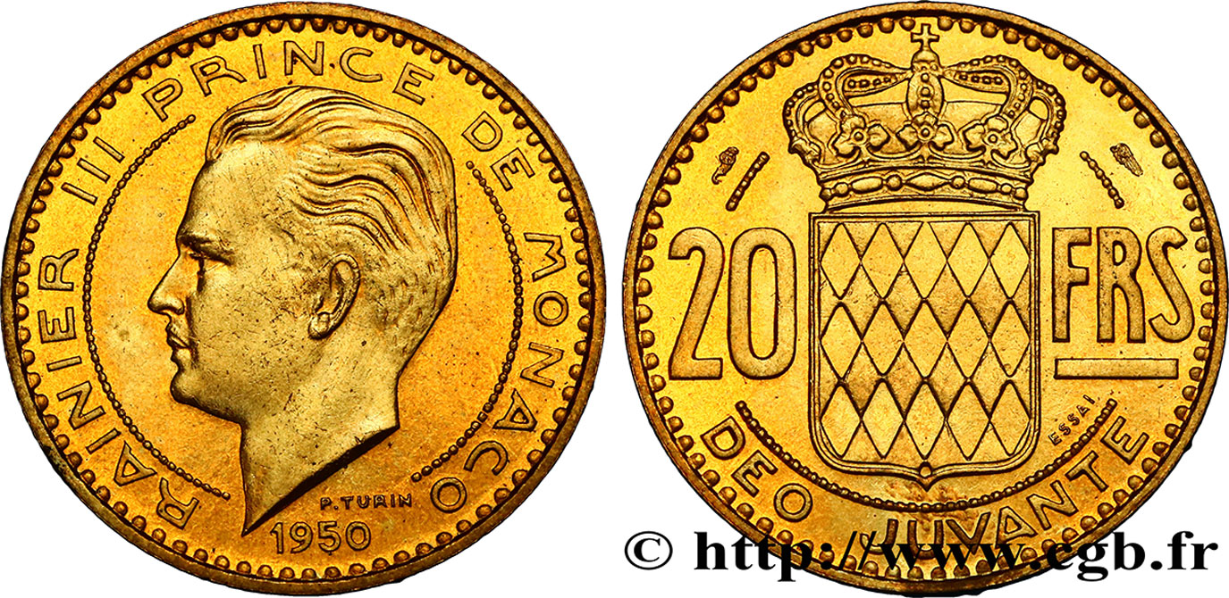 MONACO Essai de 20 Francs prince Rainier III 1950 Paris SPL 
