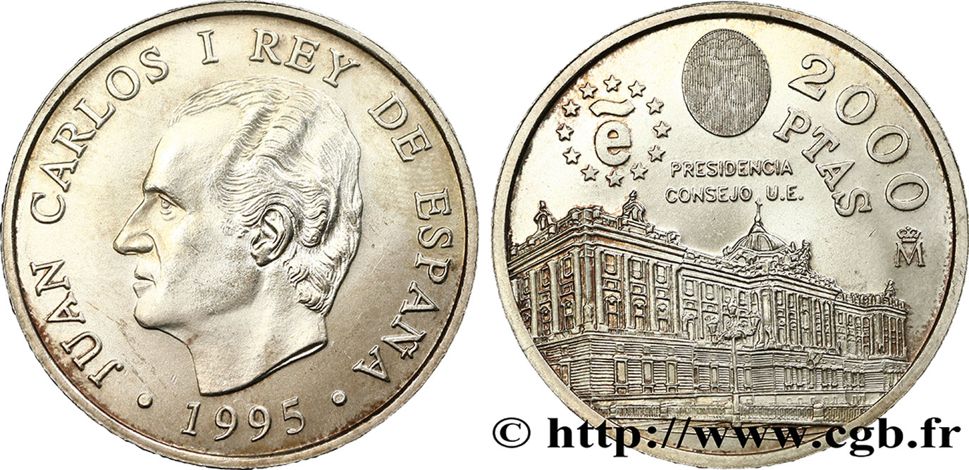 SPAGNA 2000 Pesetas roi Juan Carlos, présidence de l’Union Européenne 1995  MS 